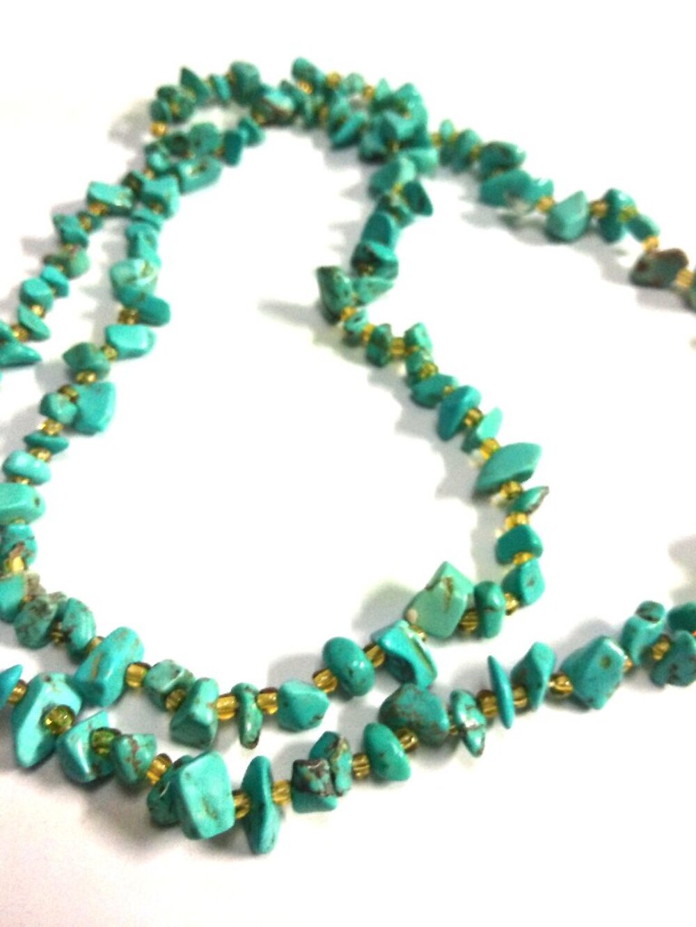 Necklace Turquoise Nugget Chips w/ Yellow Spacer  Seed Beads 31" Long No Clasp